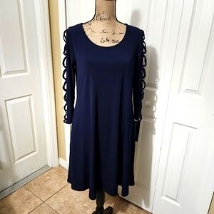 Nina Leonard Navy Swing Style Dress with Cutout Sleeves Size M